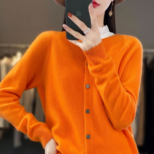 Fashion Merino Wool Cardigan Sweater Women O-Neck Long-sleeve Cashmere