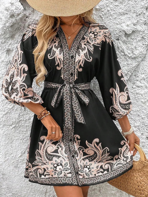 Paisley V-Neck 3/4 Sleeve Mini Dress
